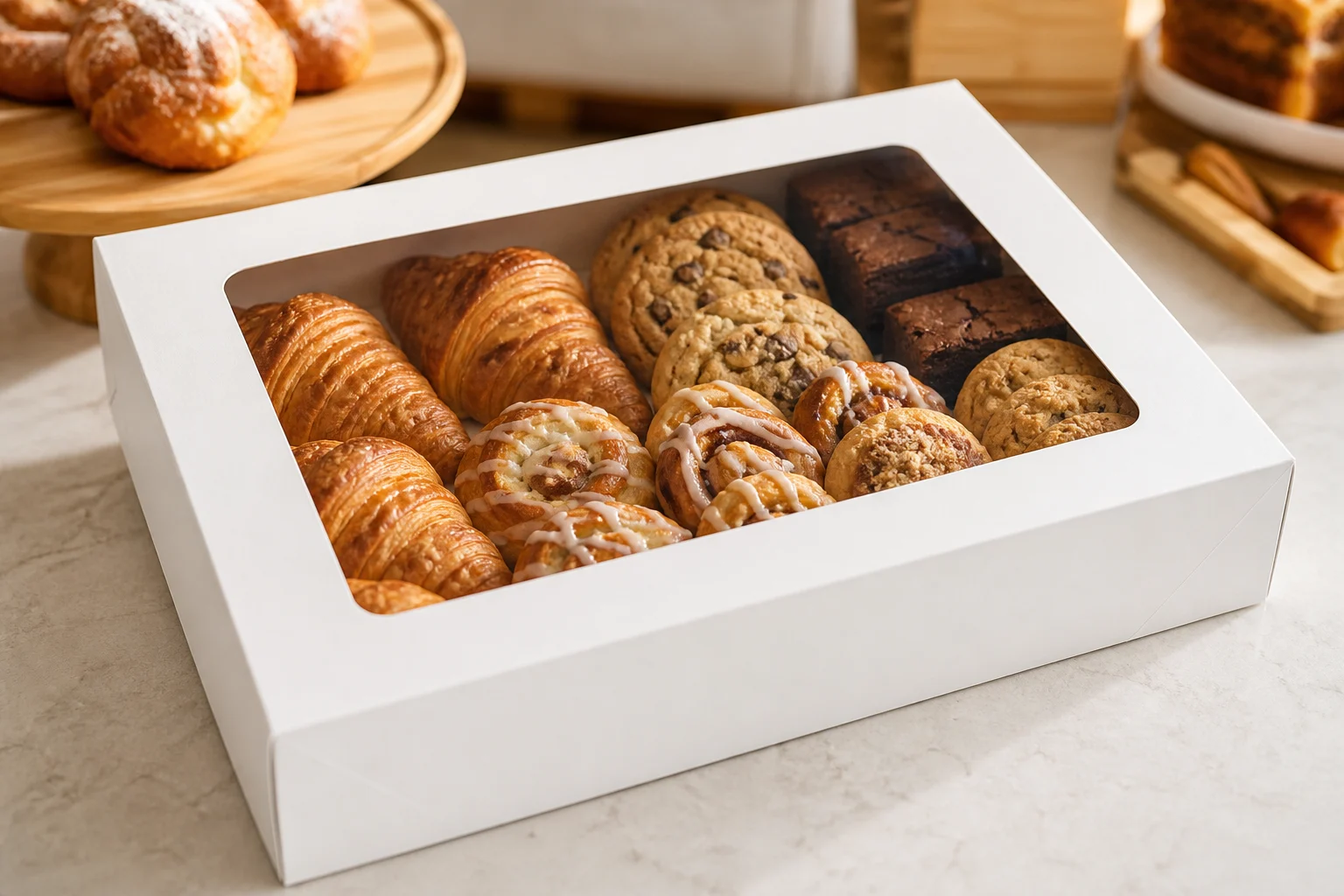Window bakery box displaying croissants, cookies, brownies and pastries