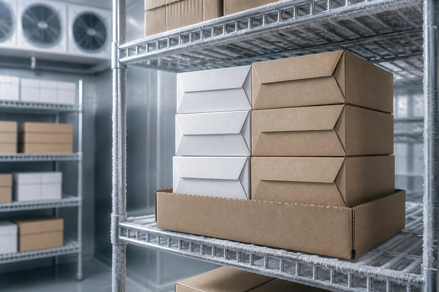 Frozen-food cartons stacked securely in cold-chain storage