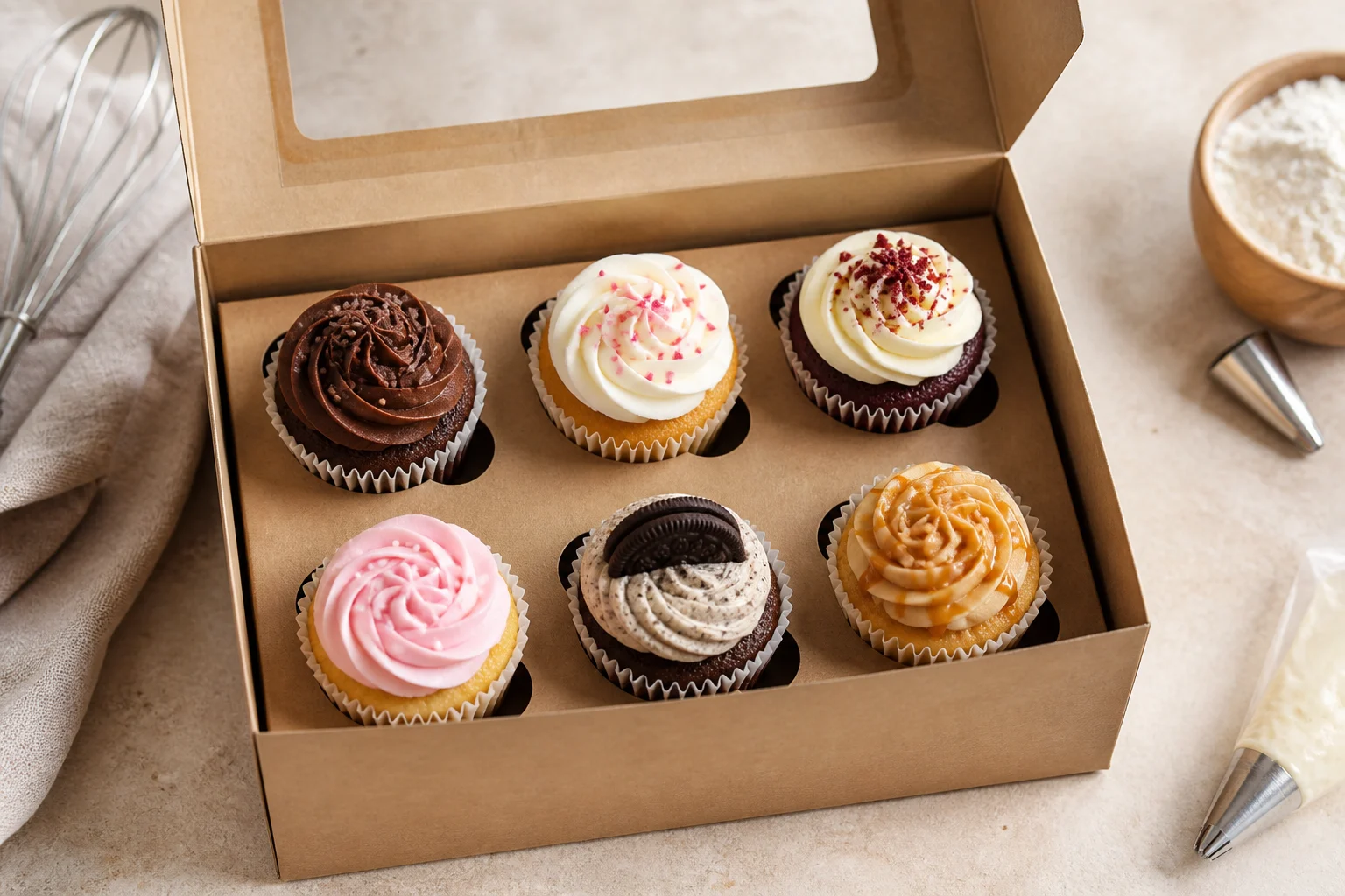 Six decorated cupcakes held upright in a fitted bakery box insert
