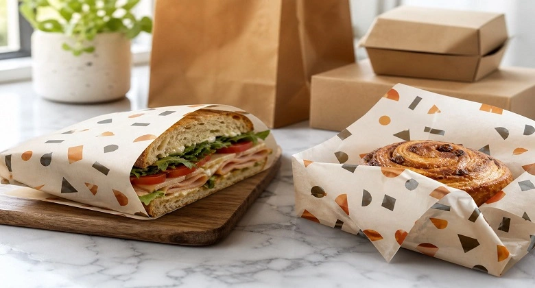 custom printed wax paper Sandwich and pastry wrapped in custom printed wax paper