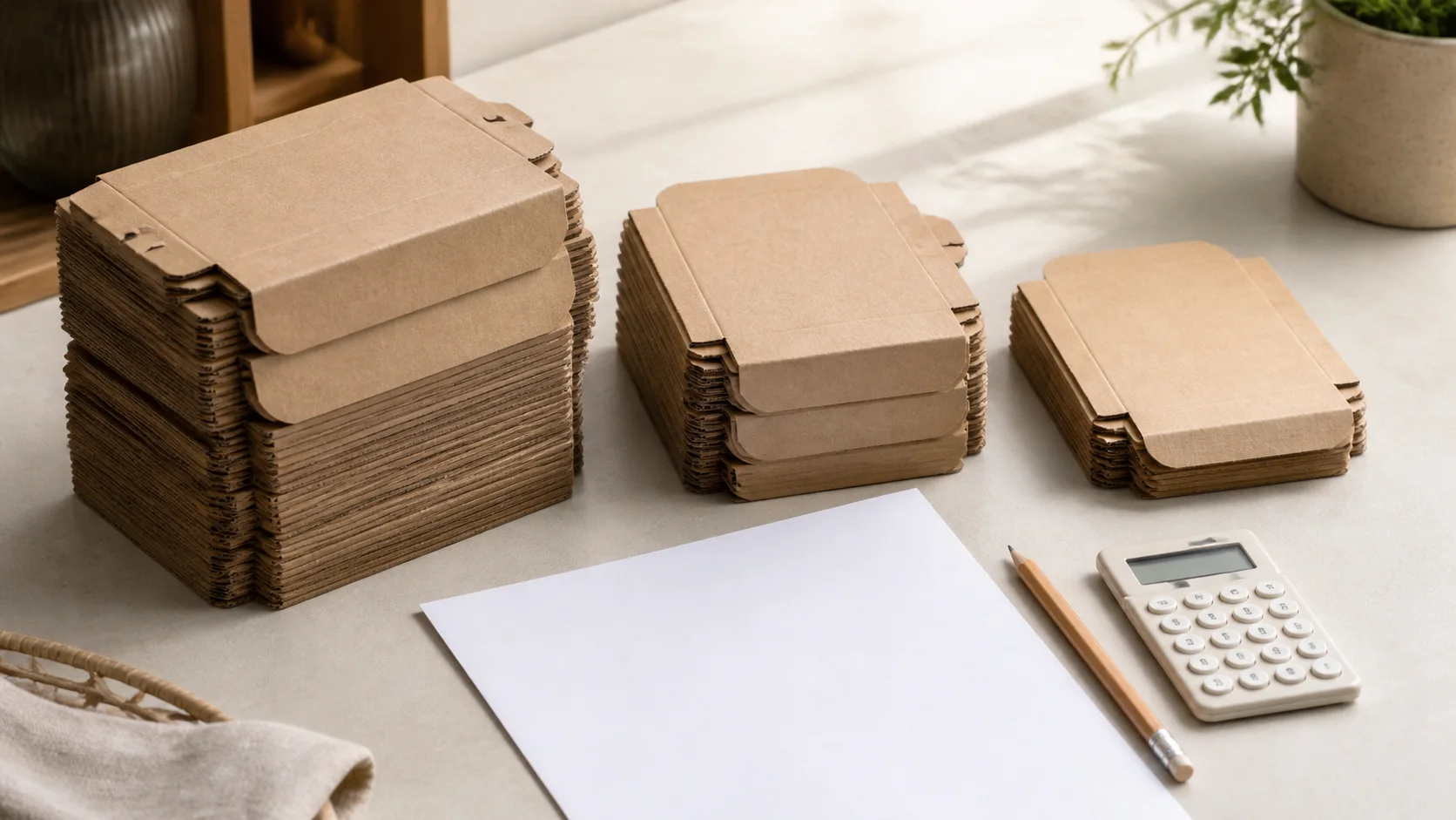 Food packaging order quantities shown as three stacks of kraft cartons