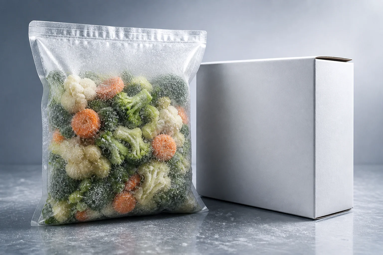Frozen vegetable barrier pouch beside a coated paperboard carton
