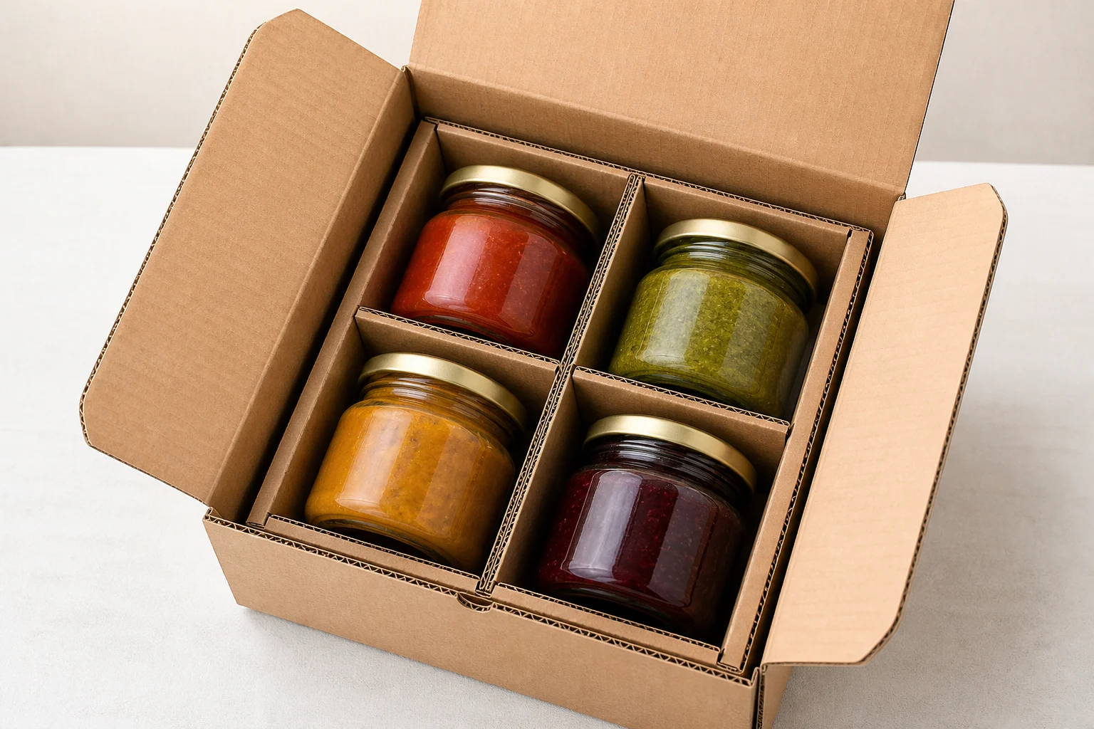 Glass food jars immobilized in a corrugated shipping box with fitted dividers