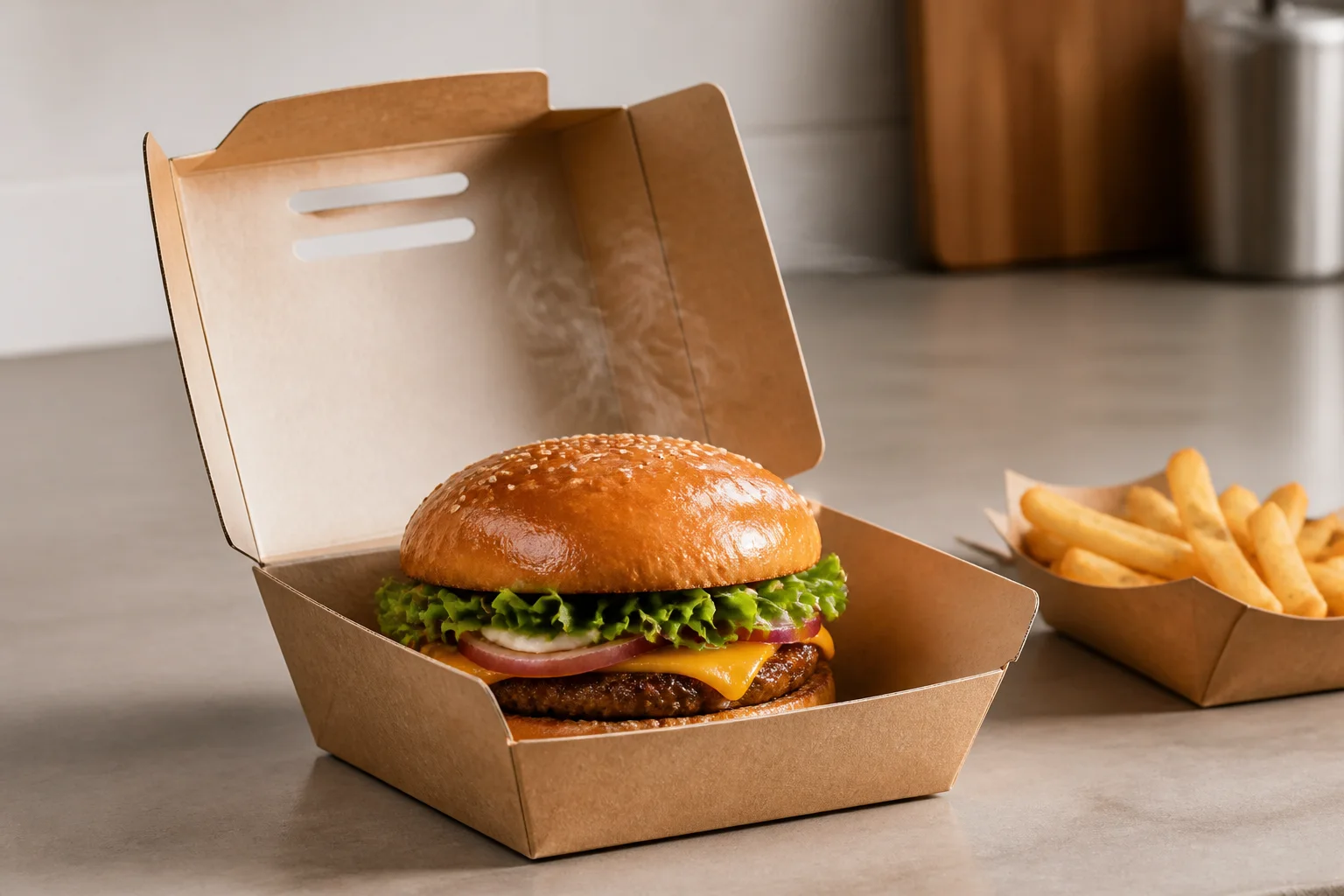 Grease-resistant kraft takeout box with vented lid