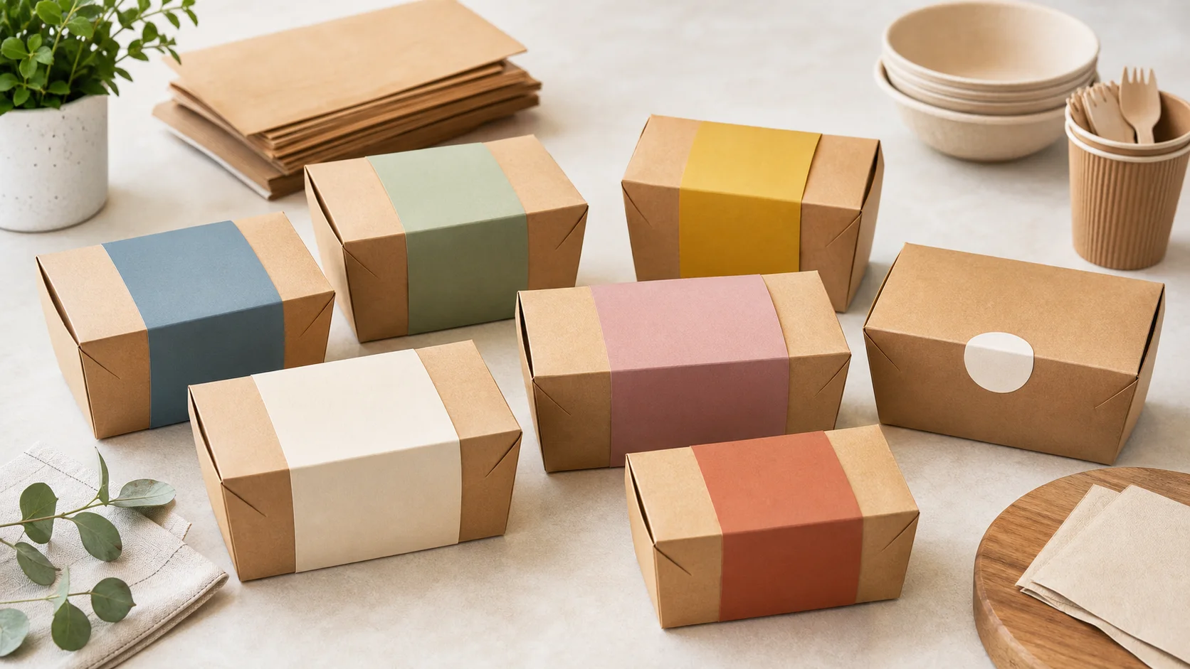 Identical kraft food boxes differentiated with colorful paper sleeves and labels