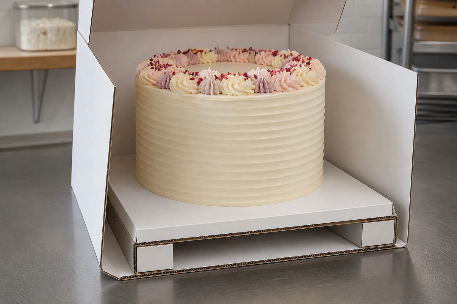Reinforced cake box base supporting a decorated cake