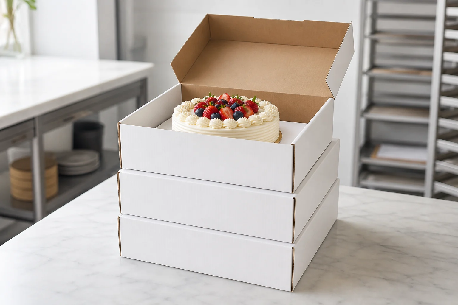 Stacked corrugated cake boxes demonstrating load support