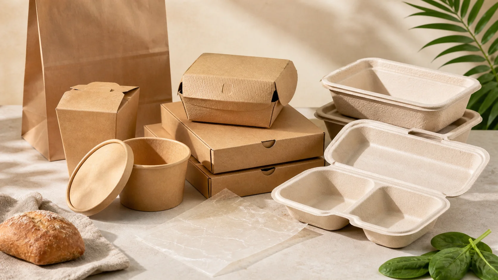 Sustainable kraft, paperboard and molded fiber food packaging materials