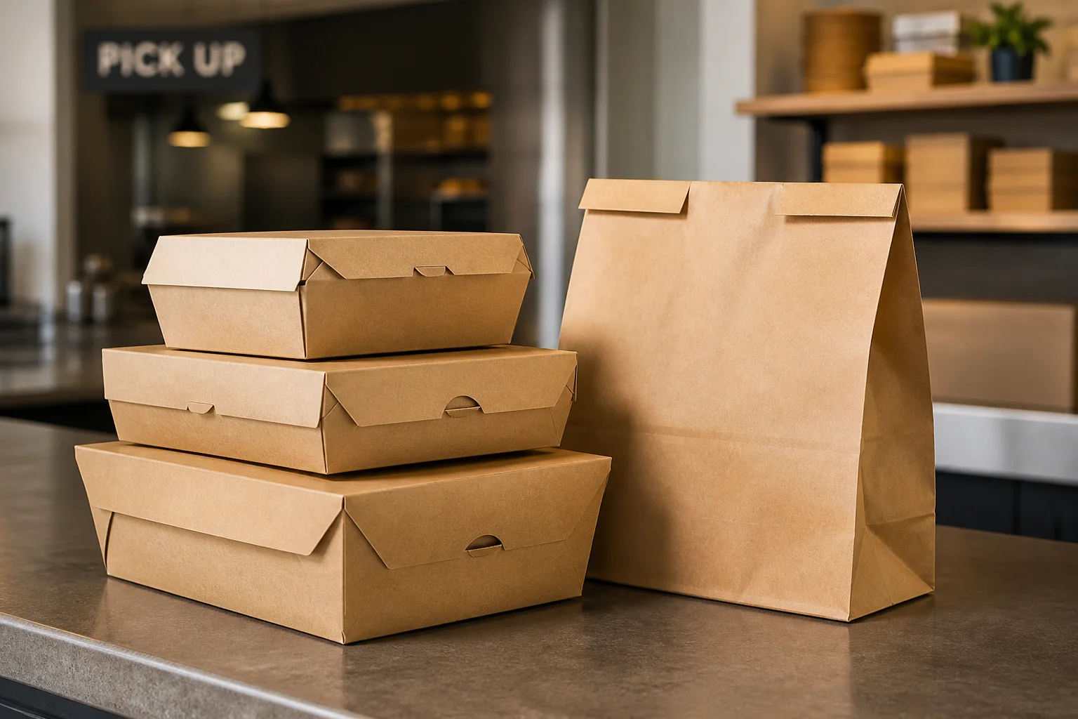 Stacked kraft takeout boxes prepared for delivery
