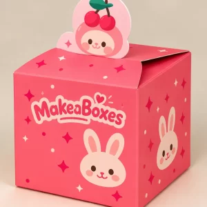 Pink custom blind box with a die-cut cherry bunny tab and printed bunny characters