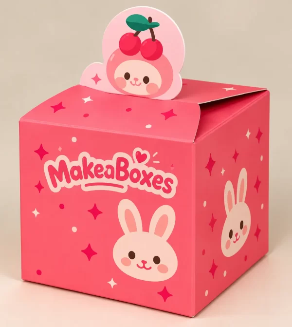 Pink custom blind box with a die-cut cherry bunny tab and printed bunny characters