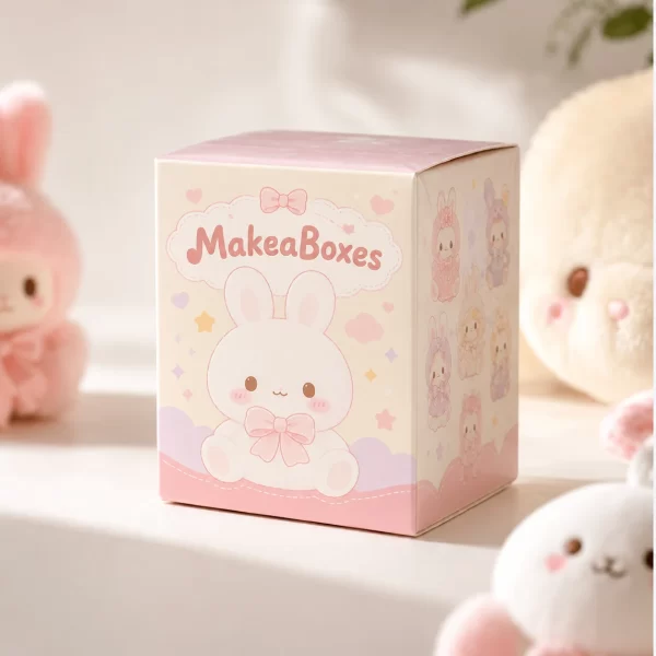 Cream and pink blind box packaging printed with a white bunny and a lineup of collectible characters on the side