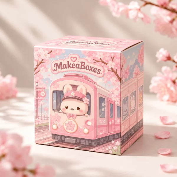 Pink custom blind box with a cherry blossom train and bunny conductor artwork