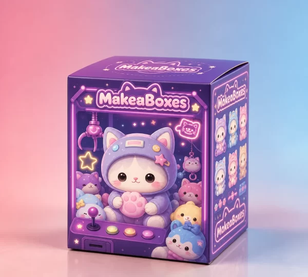 Purple custom blind box printed with a claw machine design and a hooded cat character